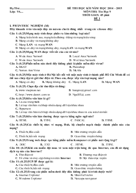 Đề thi học kì I - Năm học 2014  2015 môn thi Tin học 9